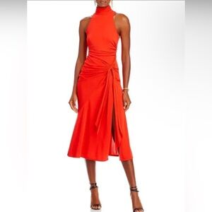 Cinq a Sept Rori Crepe Draped Mock Turtleneck Bow Midi Dress